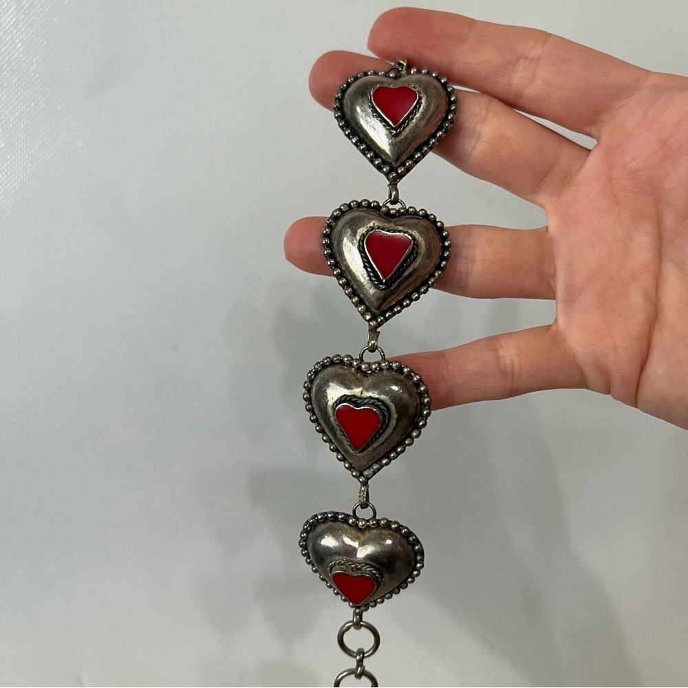 Vintage Silver Red Puffy Hearts Bracelet